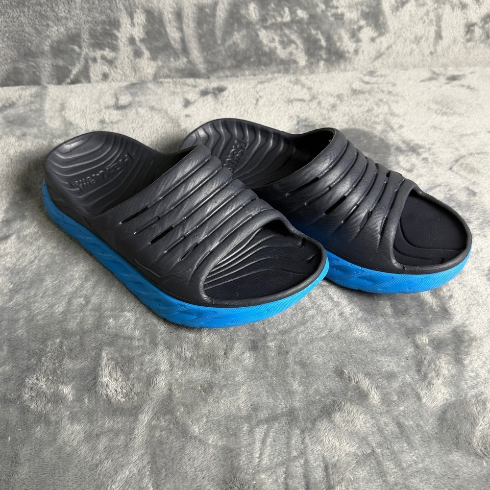 Hoka One Womens Size 8 Ora Recovery Slides Black Blue Sandals Slip Ons